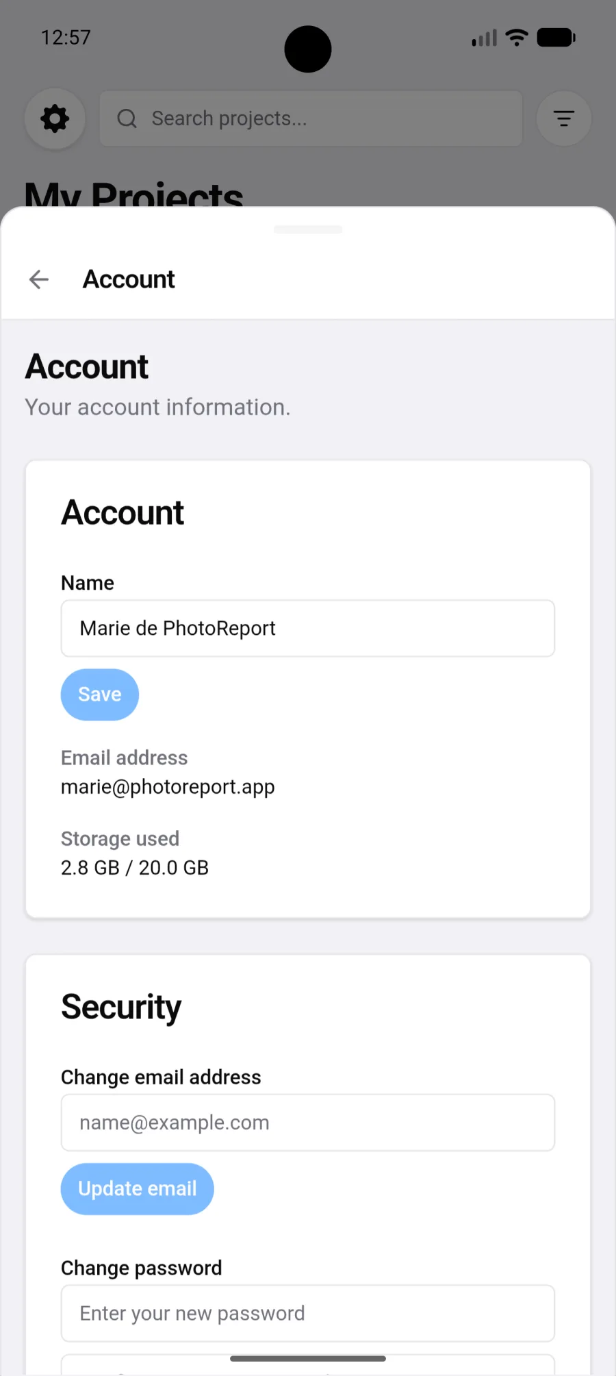 Écran Compte sur Android