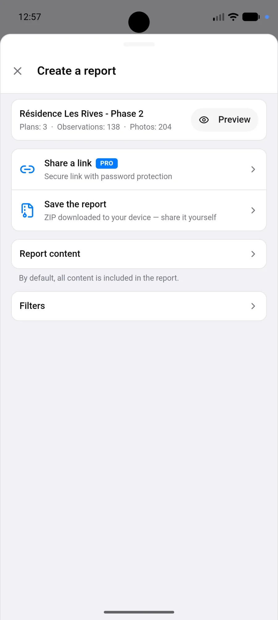 Création d'un rapport sur Android
