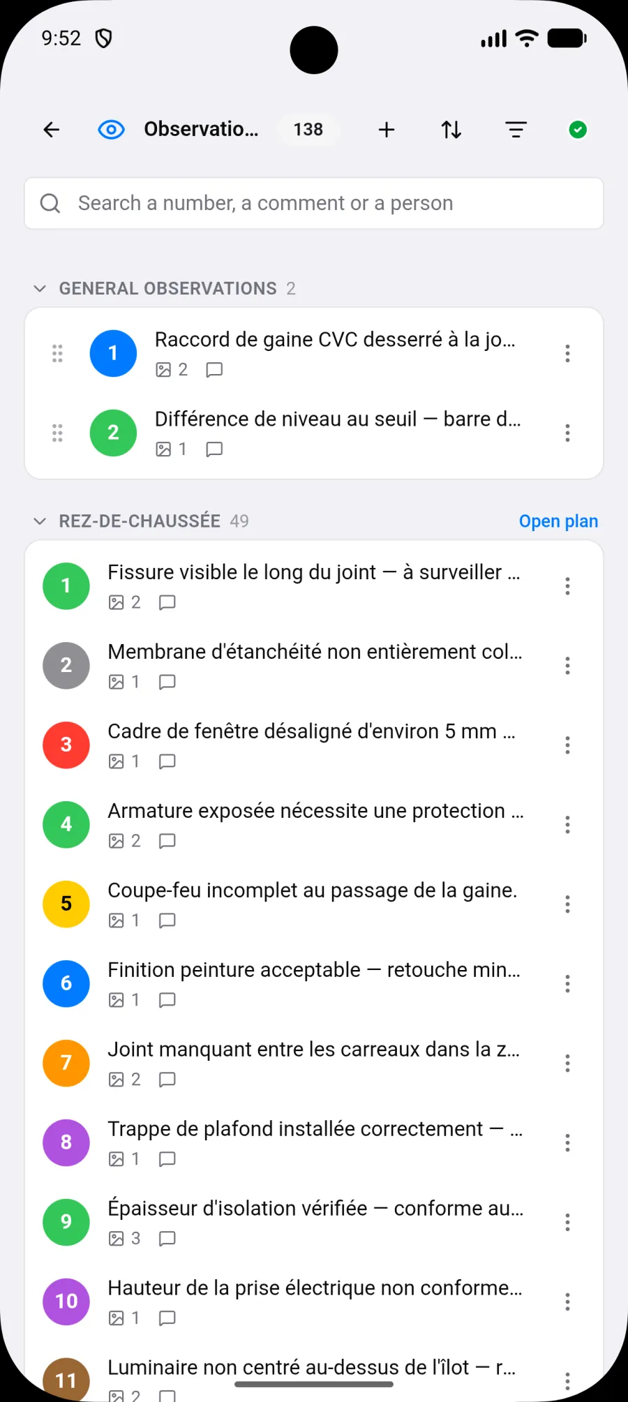 The Observations list on Android: general observations first, then one group per plan