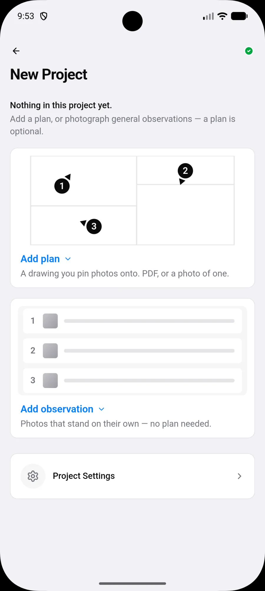An empty project on Android, with a card to add a plan and a card to add an observation