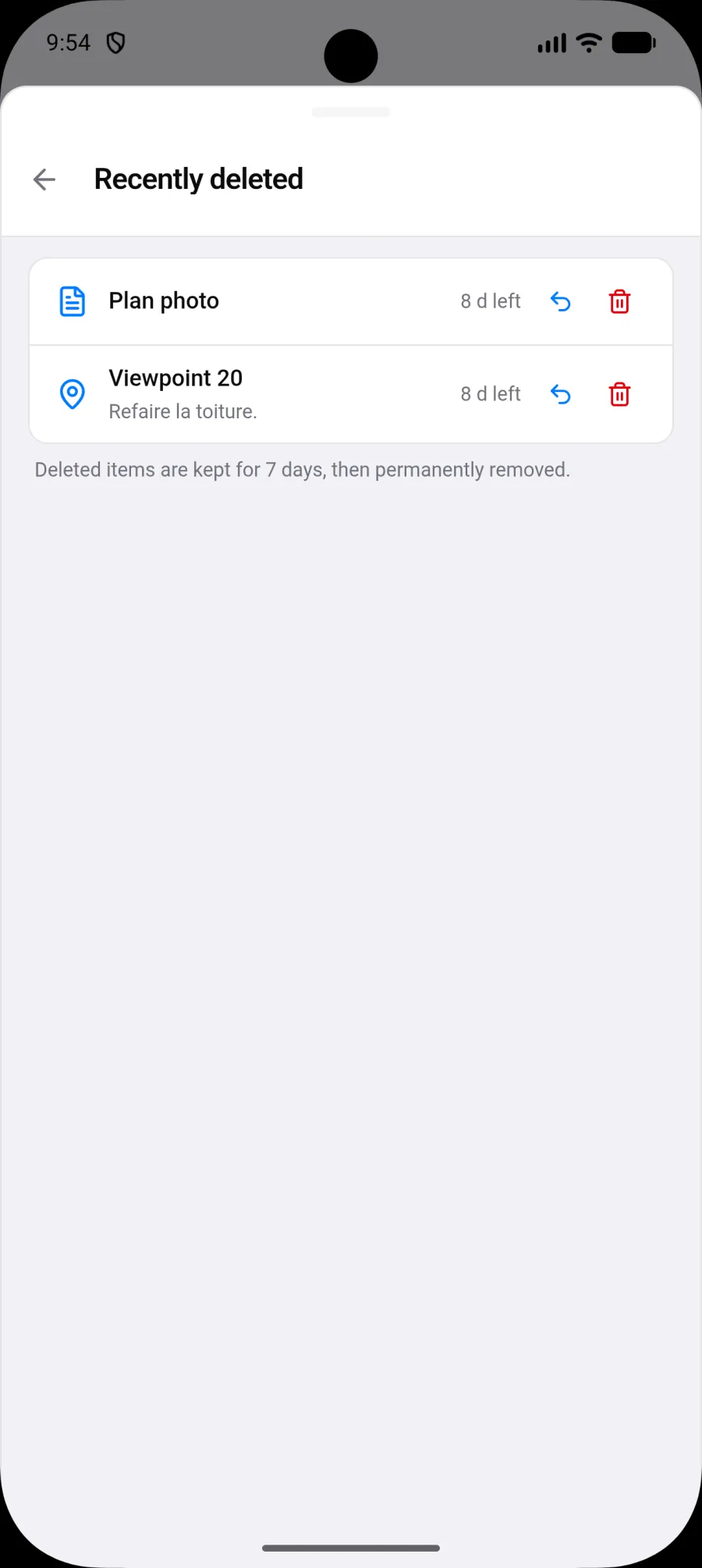 Onlangs verwijderd in de projectinstellingen op Android, met een verwijderd plan en een verwijderd gezichtspunt