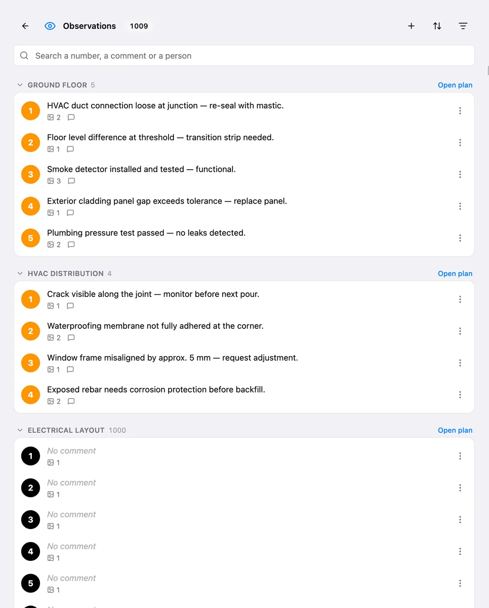 The Observations list in the browser, one group per plan