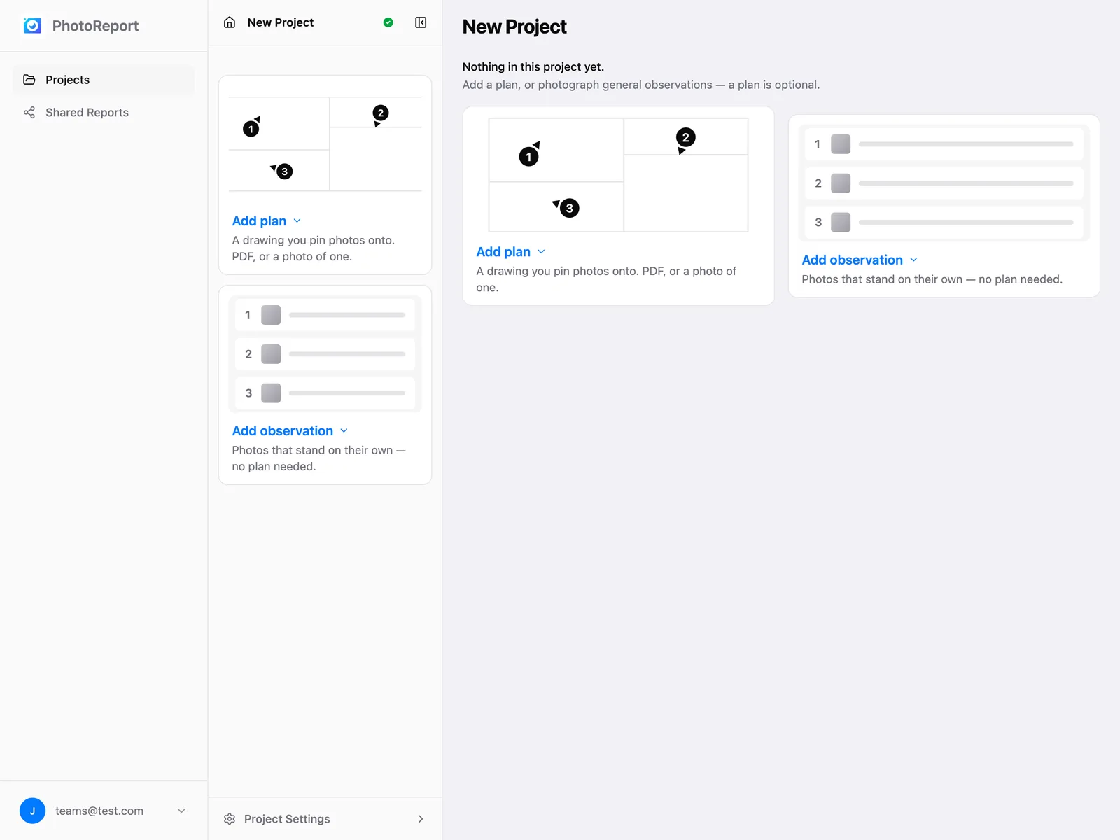 An empty project in the browser, with a card to add a plan and a card to add an observation