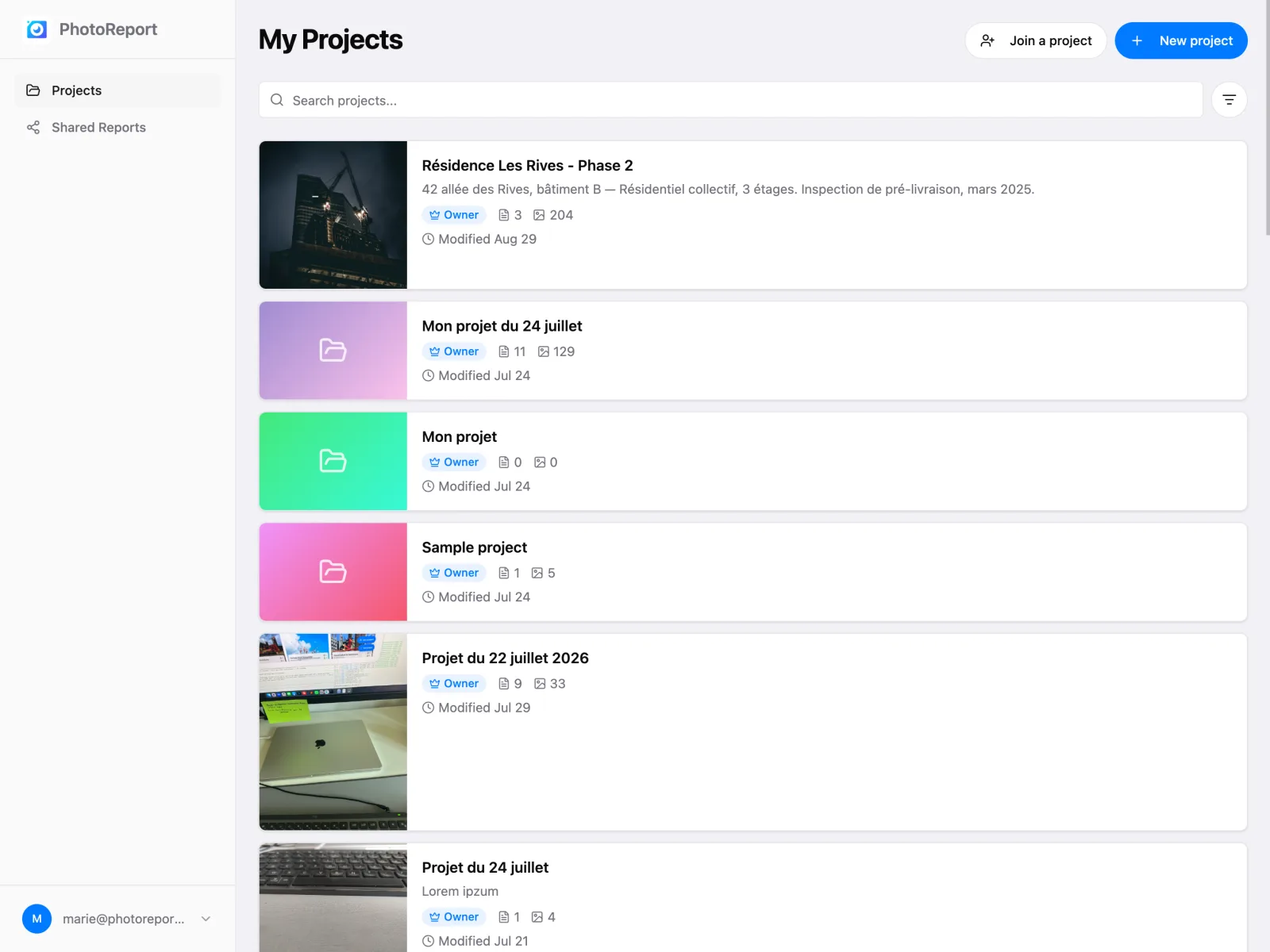 Vue liste des projets