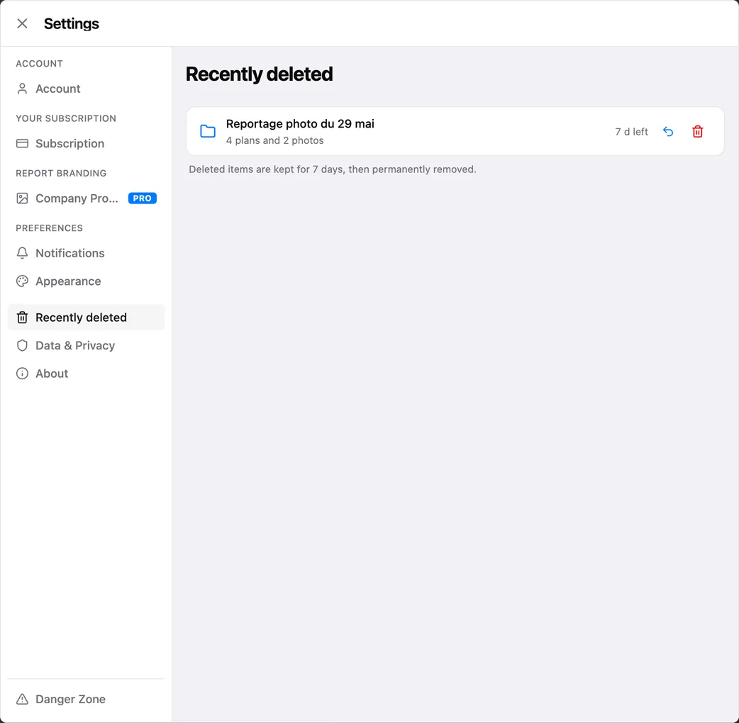 Settings > Recently deleted in the browser, with a deleted project and its days left