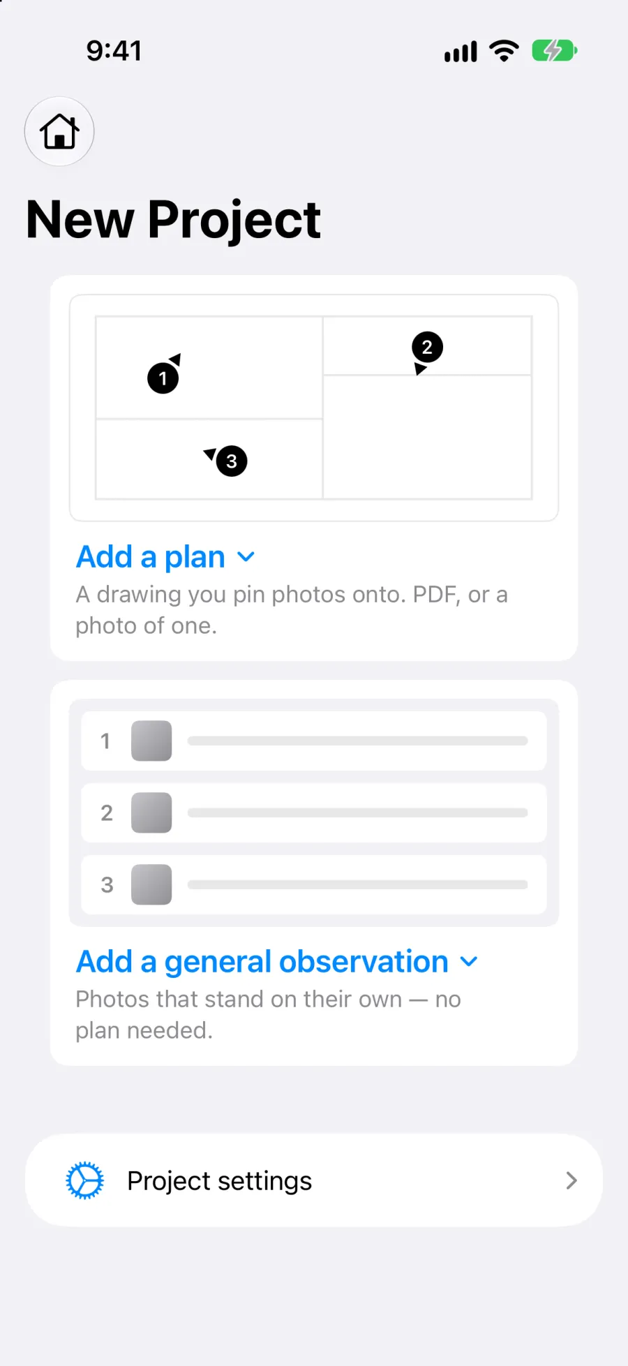 An empty project on iPhone, with a card to add a plan and a card to add a general observation