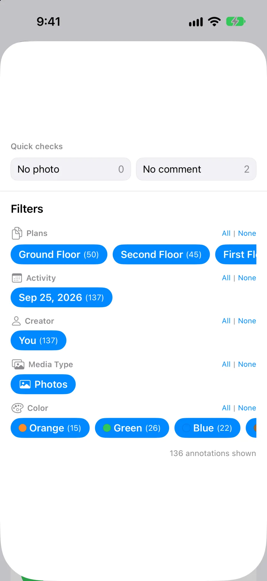 The Quick checks for observations with no photo or no comment, above the filters