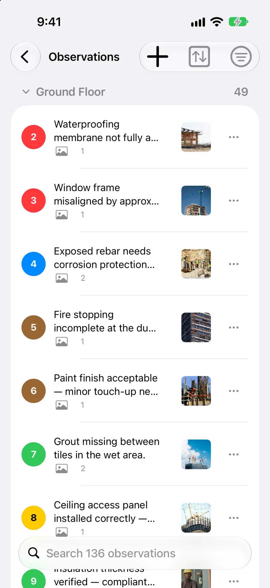 The Observations list on iPhone, grouped by plan