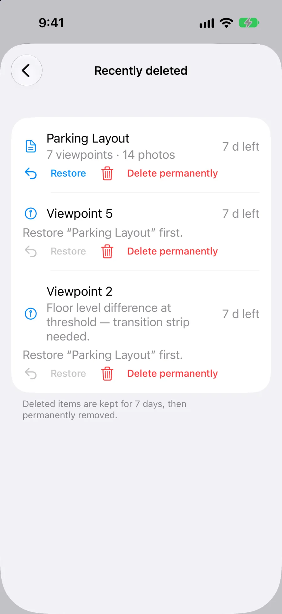 Recently deleted inside a project on iPhone: a deleted plan, and two of its viewpoints that wait for the plan to be restored first