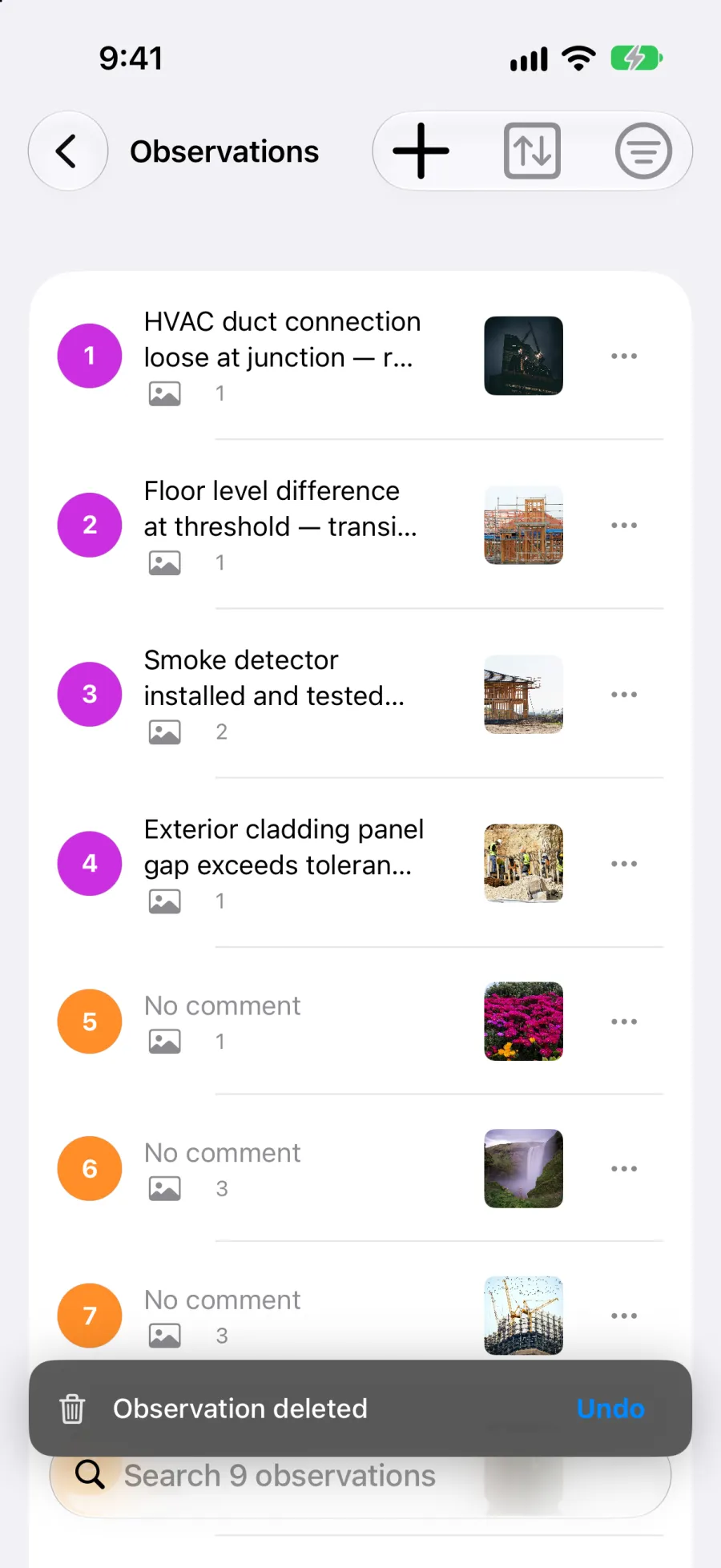 The bar shown after deleting an observation, with its Undo button